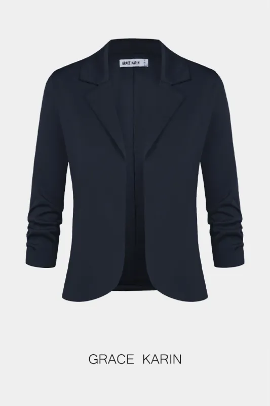 Women Cropped Blazer Coat 3/4 Ruched Sleeve Open Front Irregular Hem Coat sold by Grace Karin