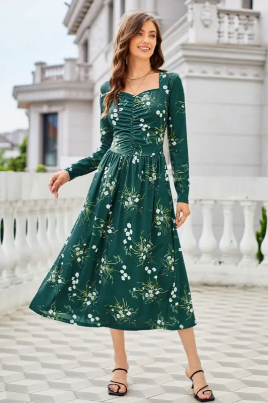 Women Ruched Maxi Dress Casual Long Sleeve Square V-Neck Flared A-Line Dress sold by Grace Karin