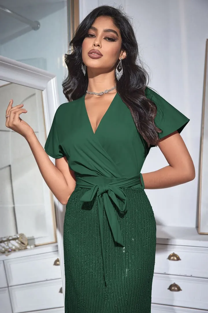 Sequined V Neck Party Long Dress - Green sold by Grace Karin