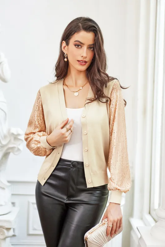 GK Contrast Fabric Cardigan Sequined V-Neck Party Sweater sold by Grace Karin