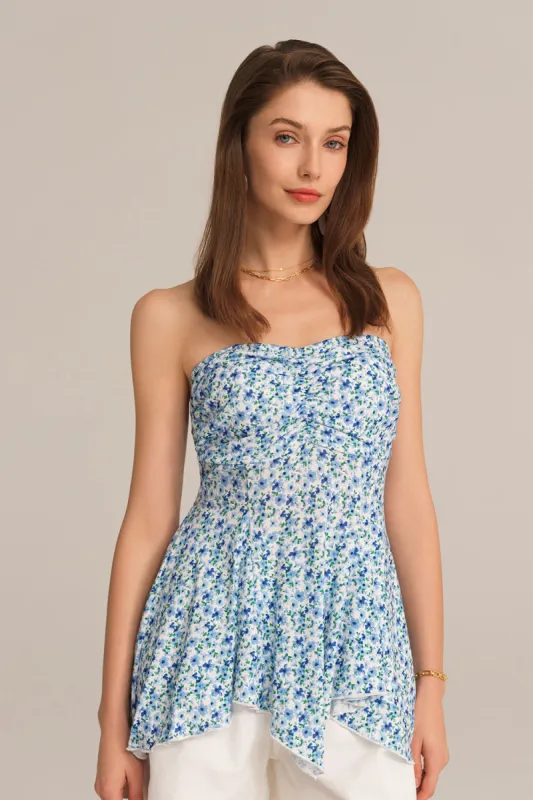 Irregular Hem Spaghetti Straps Ruched Bodice Floral A-Line Tops - Blue sold by Grace Karin