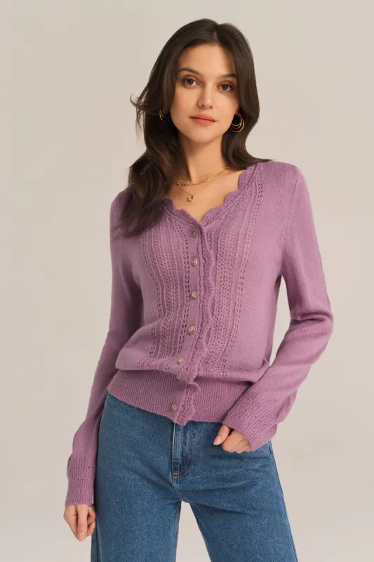 Hollowed-out Long Sleeve V-Neck Wide Ribbed Hem knitted Cardigan - Purple sold by Grace Karin
