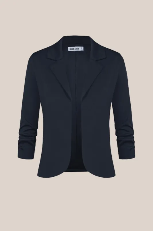 GK Women Cropped Blazer Coat 3/4 Ruched Sleeve Open Front Irregular Hem Coat sold by Grace Karin