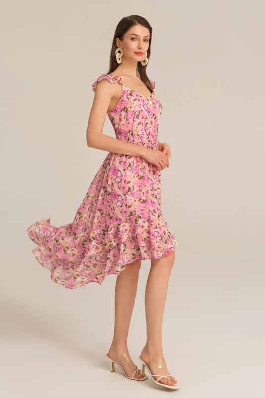 Spaghetti Strap Elastic Waist Chiffon Floral Dress - Pink made by Grace Karin