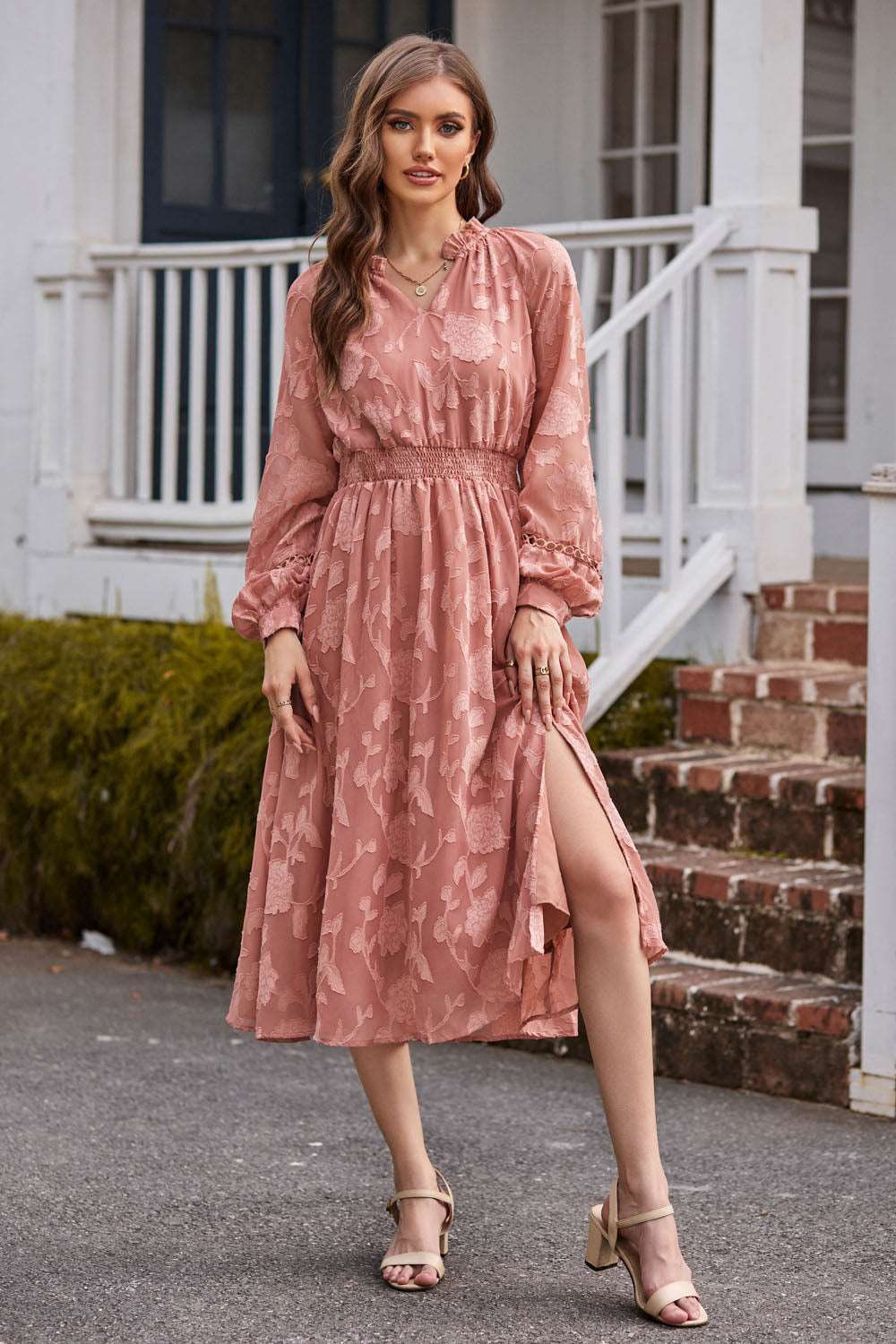 GK Women Front Slit Dress Long Sleeve V-Neck Elastic Waist Flared A-Line Dress sold by Grace Karin product image thumbnail 3