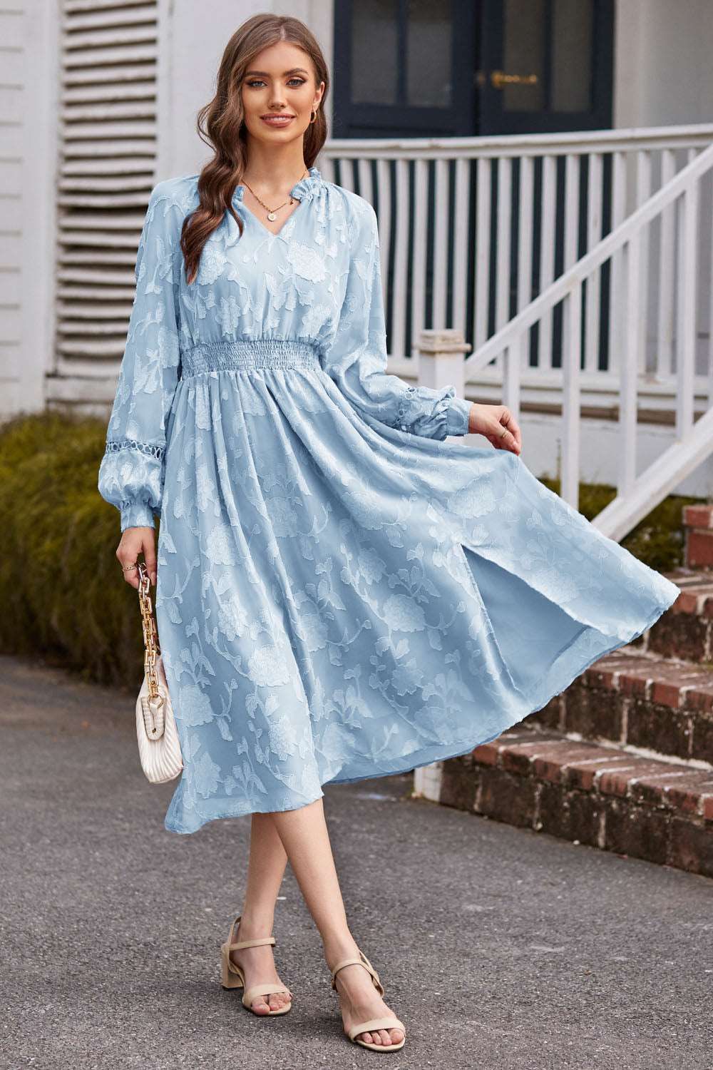 GK Women Front Slit Dress Long Sleeve V-Neck Elastic Waist Flared A-Line Dress sold by Grace Karin product image thumbnail 2