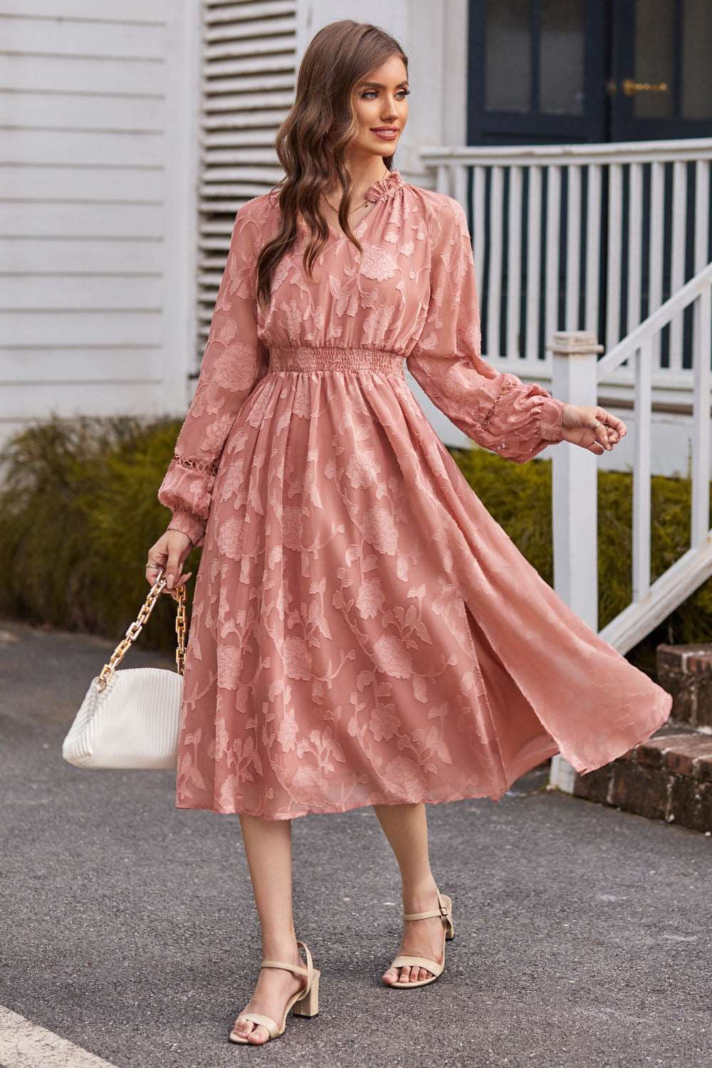 GK Women Front Slit Dress Long Sleeve V-Neck Elastic Waist Flared A-Line Dress sold by Grace Karin product image thumbnail 4