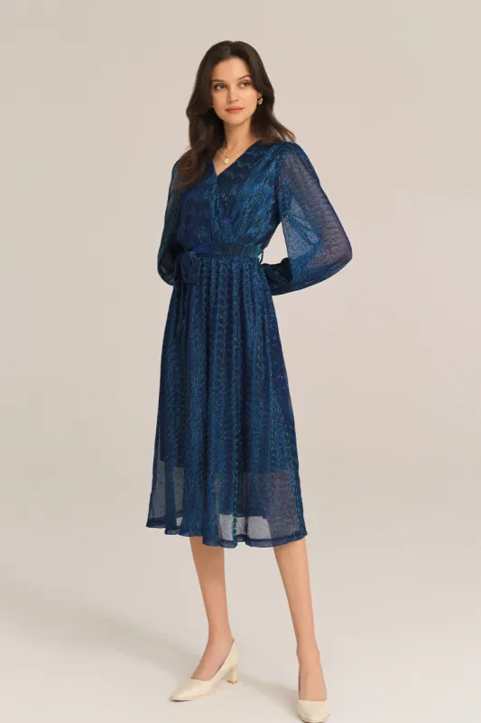 Casua Surplice V-Neck Long Sleeve Flared Midi Dress - Blue sold by Grace Karin