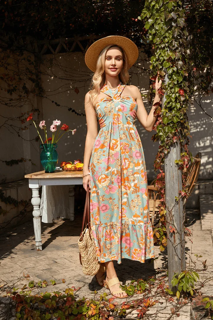 Halter Neck Sleeveless Floral Print Long Maxi Dress - Brown sold by Grace Karin