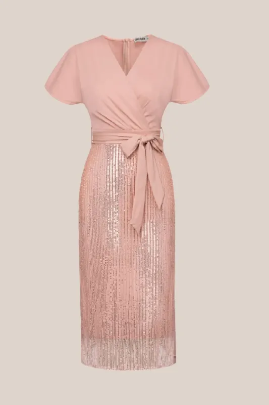 Sequined V Neck Party Long Dress - Pink sold by Grace Karin