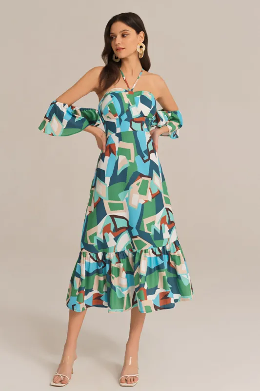 Cross Back Padded Bust Halterneck Off Shoulder Printed Dress - Green sold by Grace Karin