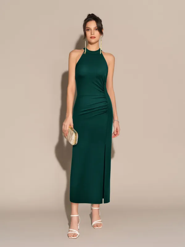 Front Slit Crew Neck Halterneck Ruched Bodycon Party Maxi Dress - Green sold by Grace Karin