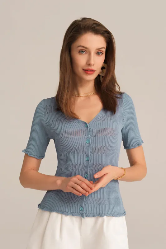 Hollowed-out V-Neck Short Sleeve Button-up Sweater Knitted Cardigan - Blue sold by Grace Karin