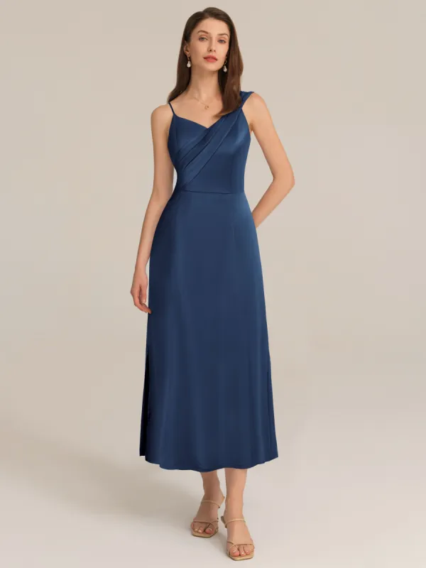 Satin Side Slit Asymmetric Straps Dress - Blue sold by Grace Karin