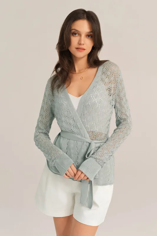 Hollowed-out Long Sleeve Cardigan with Belt - Green sold by Grace Karin