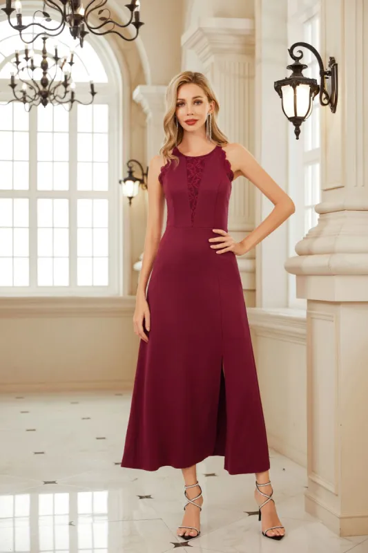 Lace Patchwork Halterneck Front Slit Party Maxi Dress - Red sold by Grace Karin