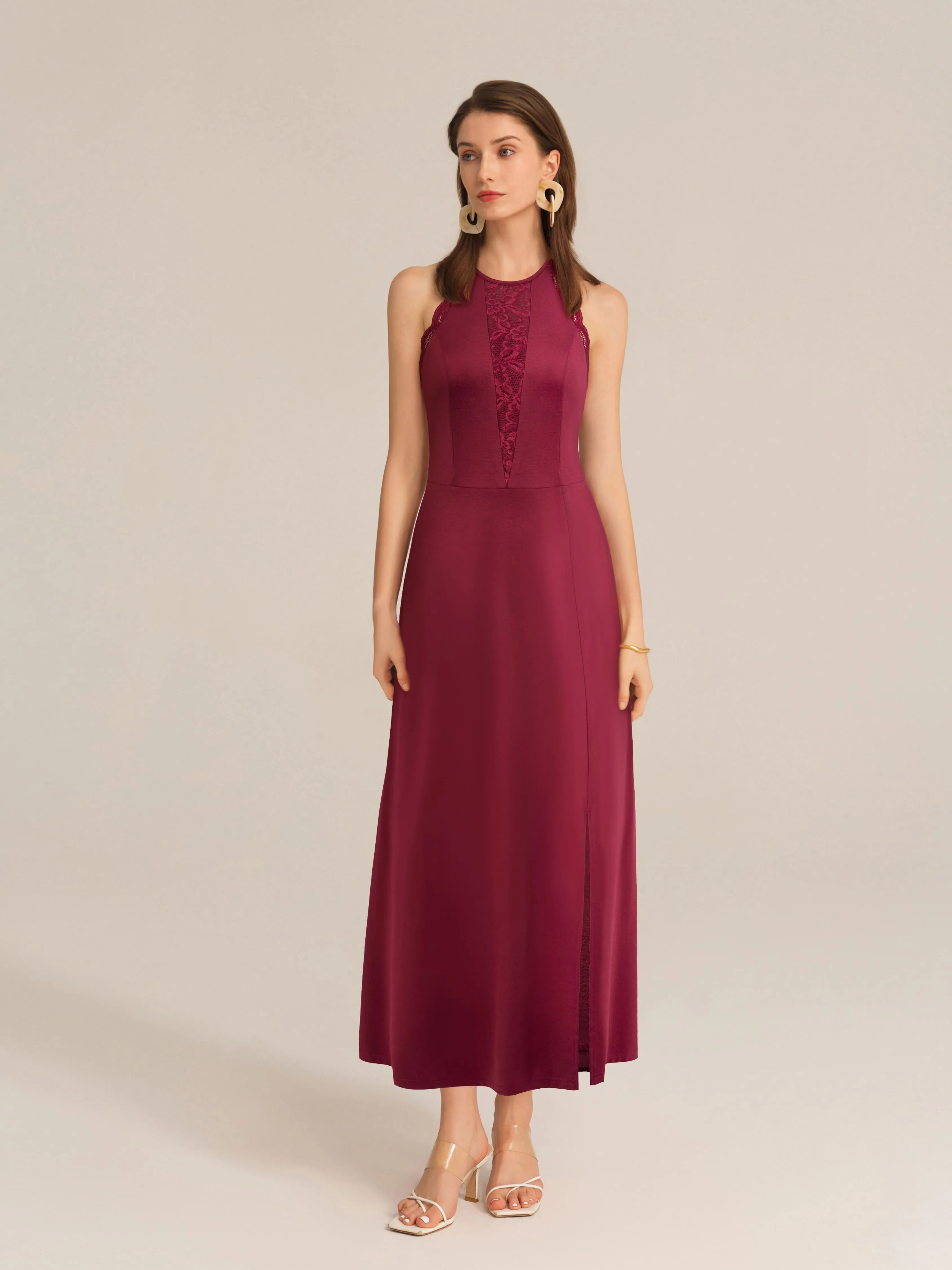 Lace Patchwork Halterneck Front Slit Party Maxi Dress - Red sold by Grace Karin product image thumbnail 2