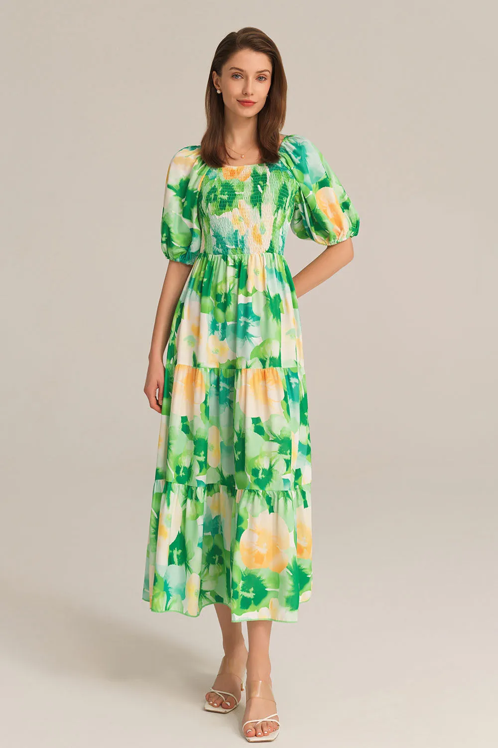 Tiered Short Sleeve U-Neck Smocked Bodice Maxi Dress - Green sold by Grace Karin product image thumbnail 2