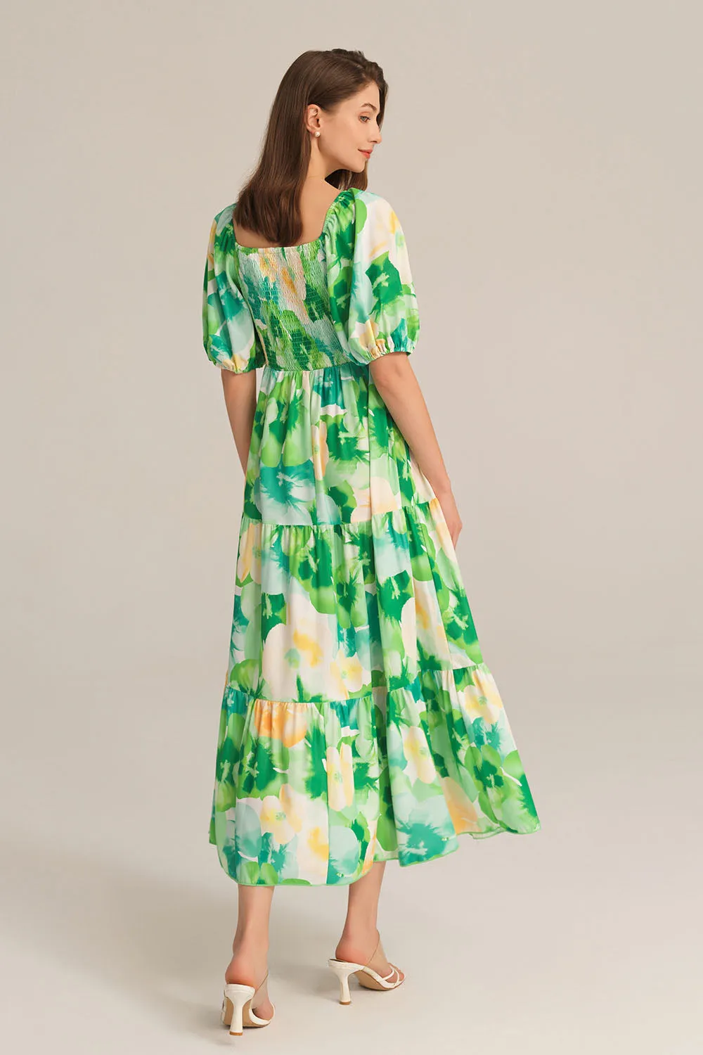 Tiered Short Sleeve U-Neck Smocked Bodice Maxi Dress - Green sold by Grace Karin product image thumbnail 3