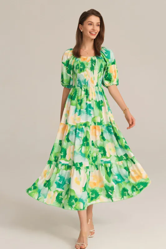 Tiered Short Sleeve U-Neck Smocked Bodice Maxi Dress - Green sold by Grace Karin