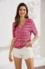 Hollowed-out Short Sleeve V-Neck Stripped Knitted Cardigan - Pink sold by Grace Karin