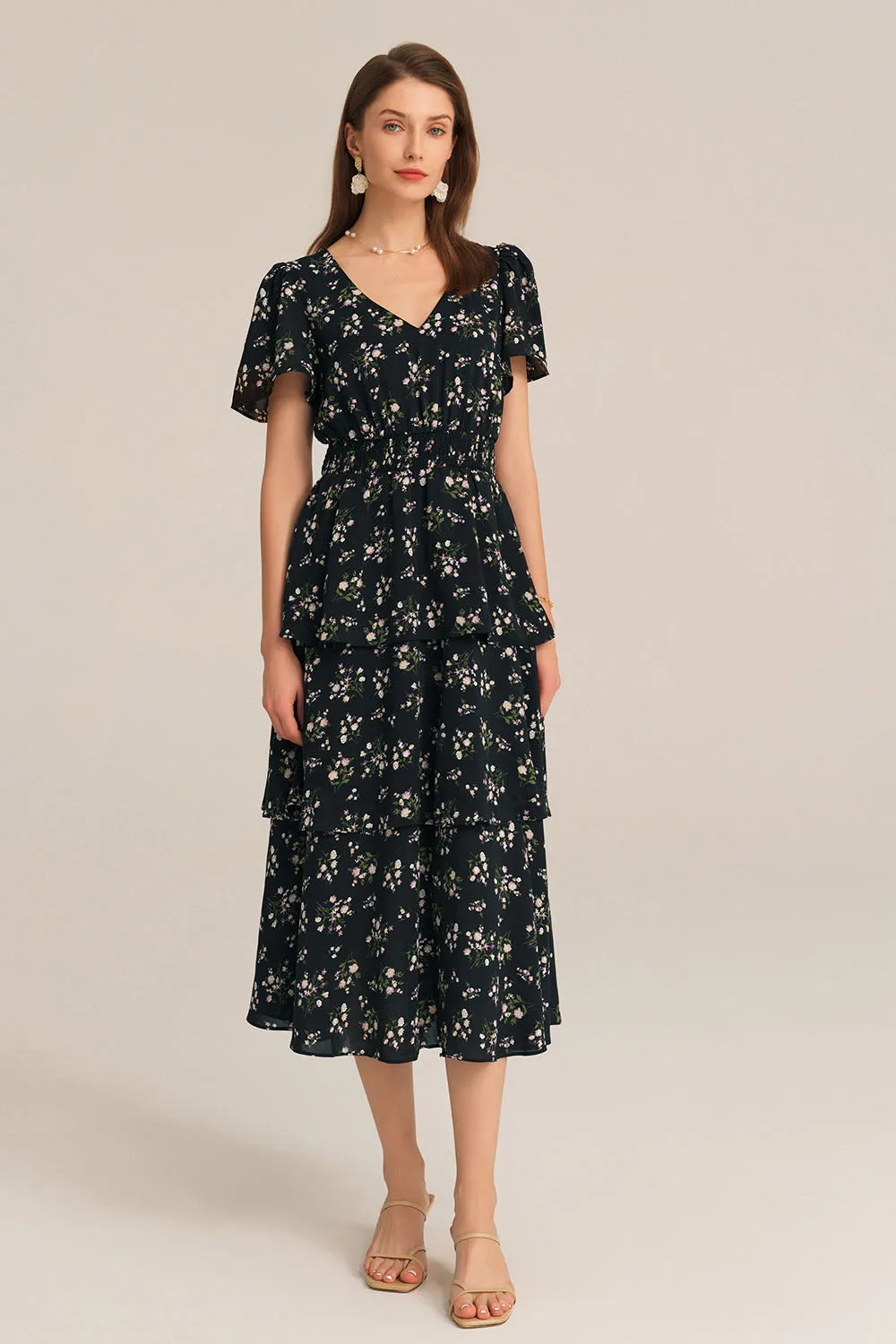 V-Neck Short Sleeve Elastic Waist Flared A-Line Cake Midi Dress - Black sold by Grace Karin product image thumbnail 3