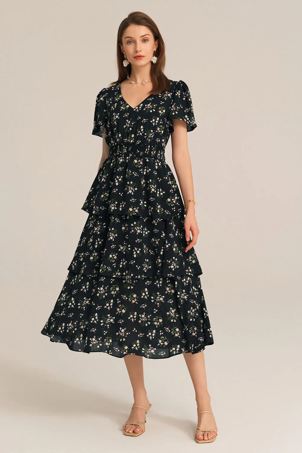 V-Neck Short Sleeve Elastic Waist Flared A-Line Cake Midi Dress - Black sold by Grace Karin product image thumbnail 4