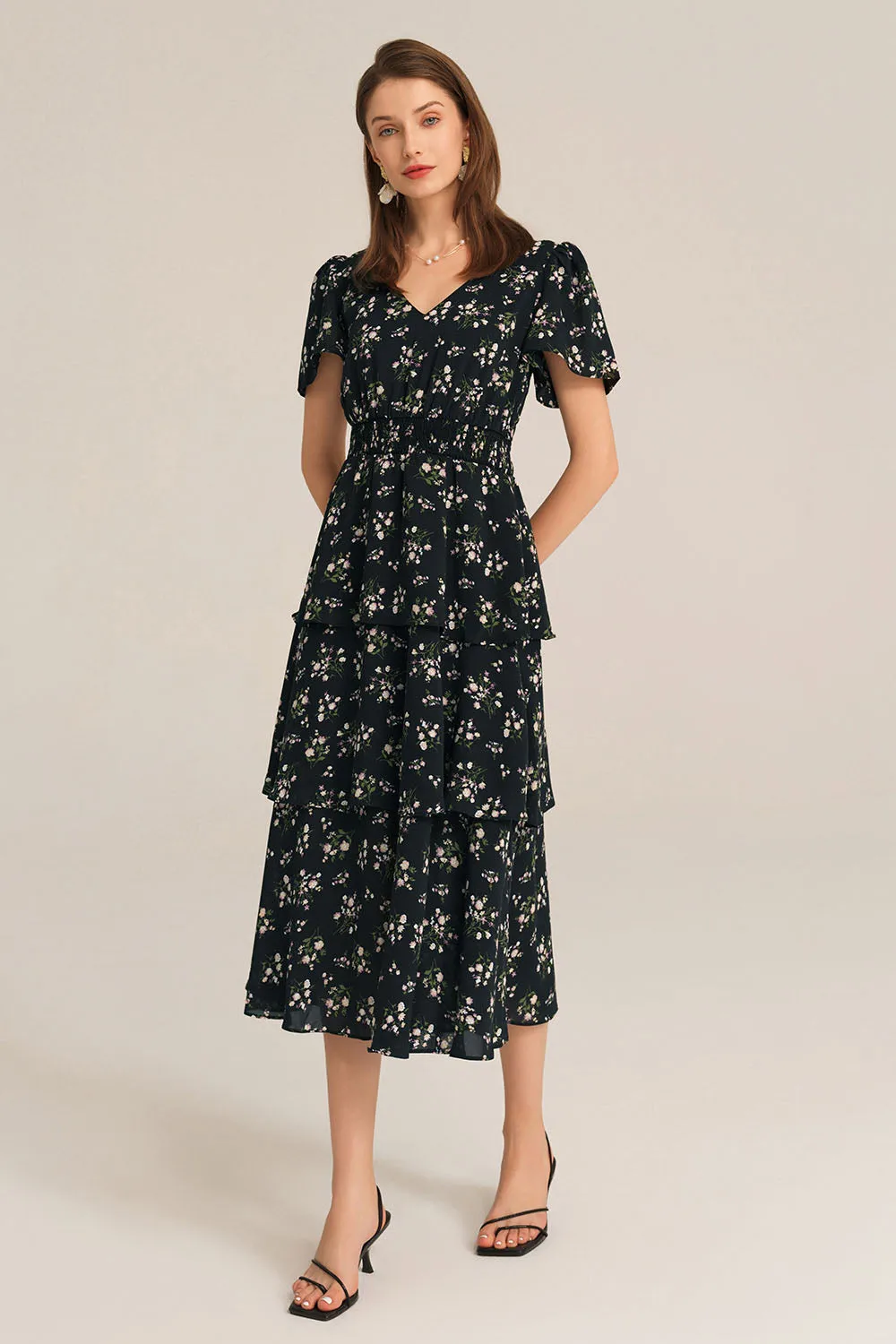 V-Neck Short Sleeve Elastic Waist Flared A-Line Cake Midi Dress - Black sold by Grace Karin product image thumbnail 5