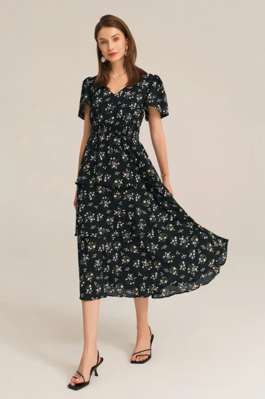V-Neck Short Sleeve Elastic Waist Flared A-Line Cake Midi Dress - Black sold by Grace Karin