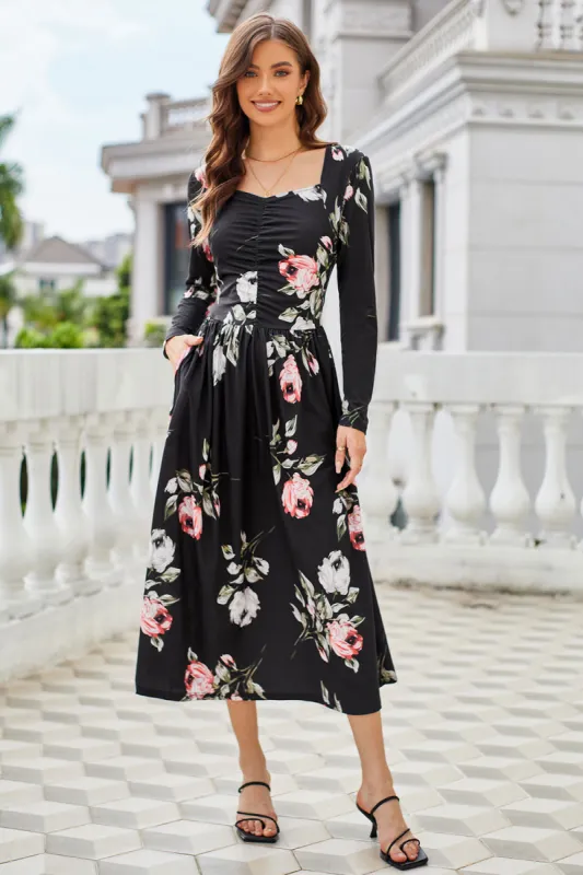 GK Women Ruched Maxi Dress Casual Long Sleeve Square V-Neck Flared A-Line Dress sold by Grace Karin