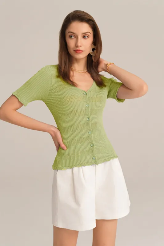 Hollowed-out V-Neck Short Sleeve Button-up Sweater Knitted Cardigan - Green sold by Grace Karin