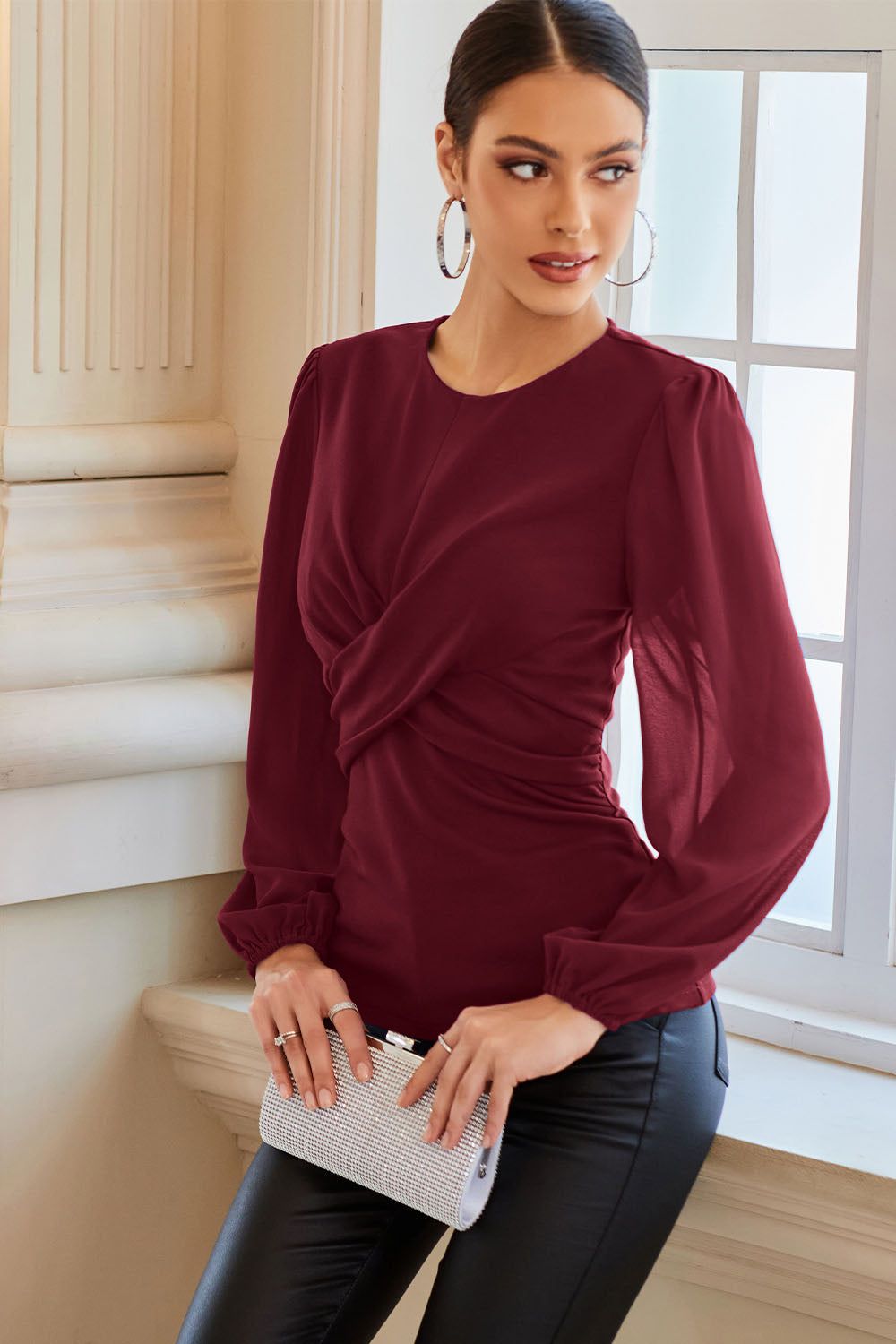 GK Women Knotted Bodice Tops Long Chiffon Sleeve Crew Neck Pullover Tops sold by Grace Karin