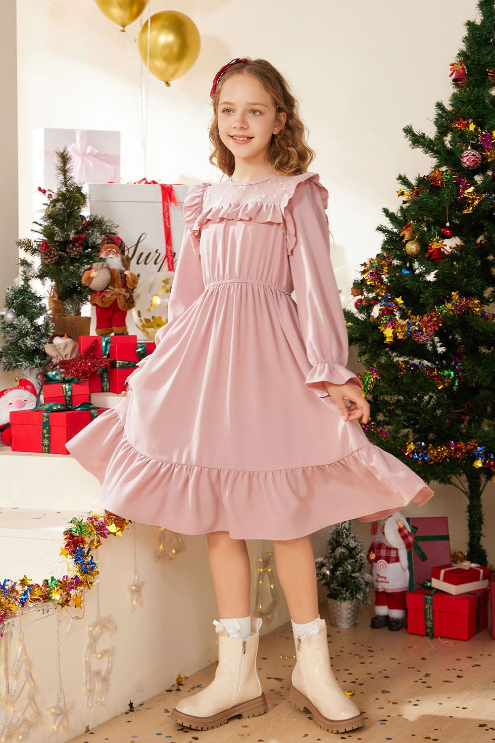 GK Kids Elastic Waist Dress Long Sleeve Crew Neck Ruffle Decorated A-Line Dress sold by Grace Karin