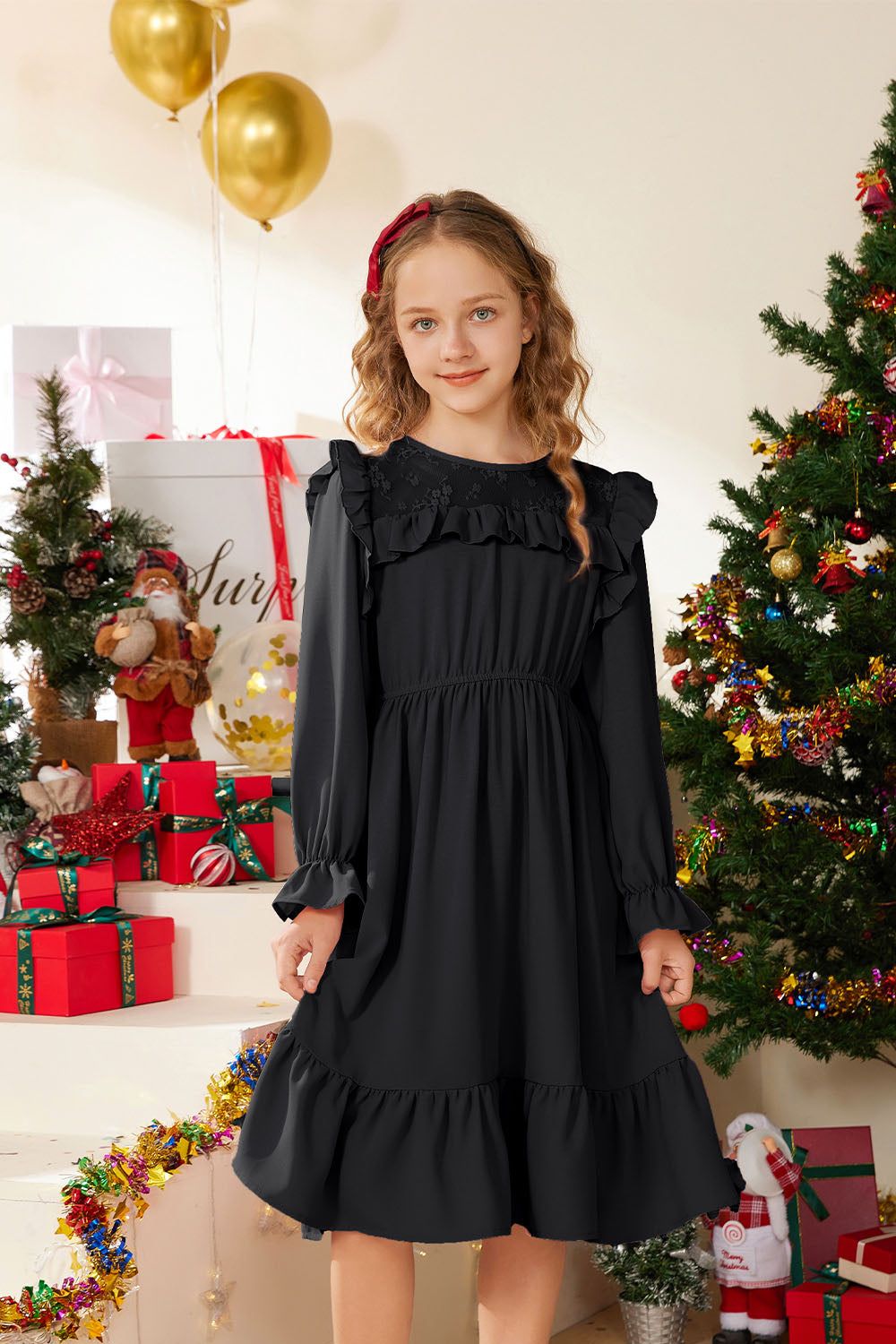 GK Kids Elastic Waist Dress Long Sleeve Crew Neck Ruffle Decorated A-Line Dress sold by Grace Karin product image thumbnail 5