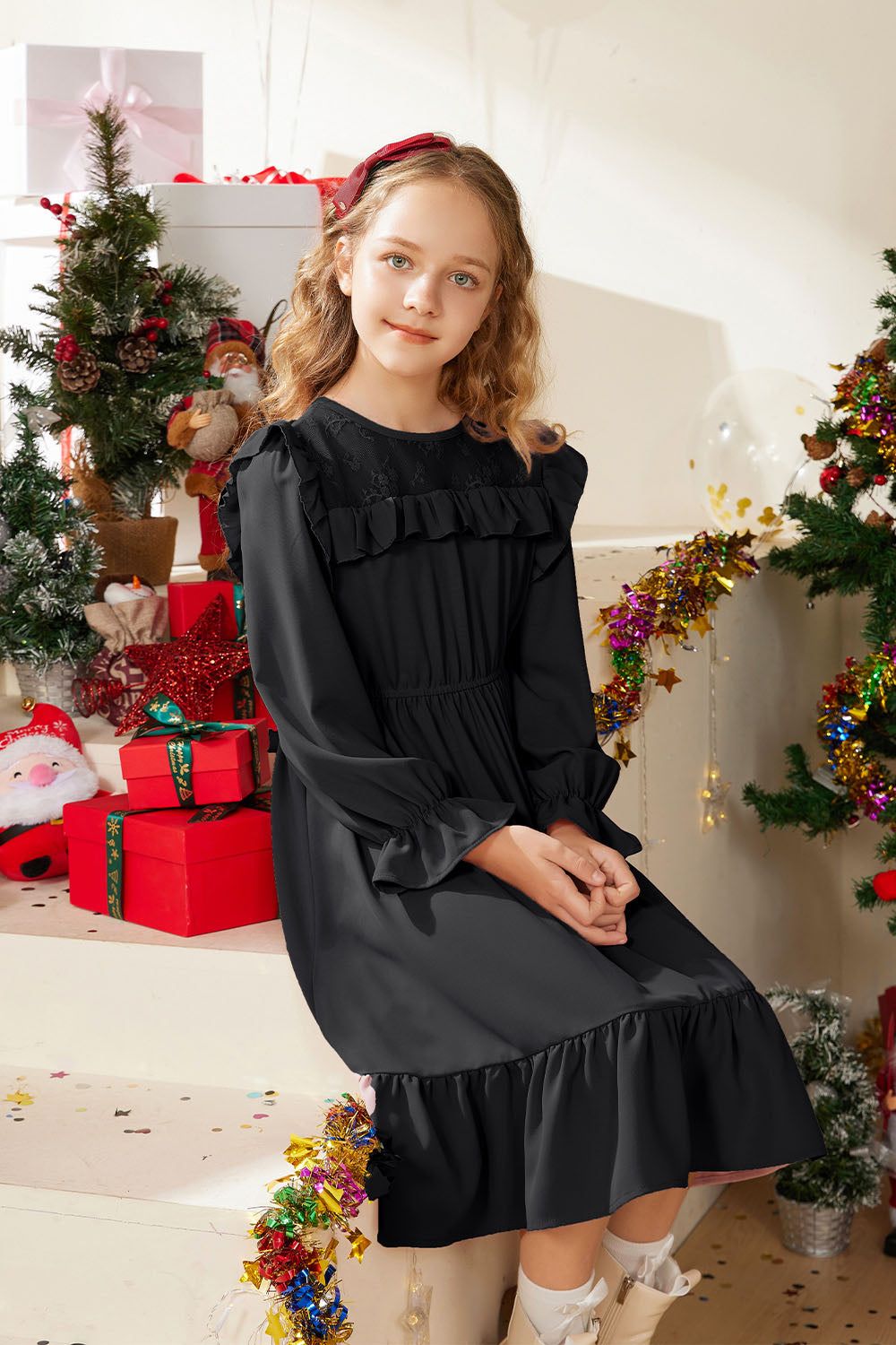 GK Kids Elastic Waist Dress Long Sleeve Crew Neck Ruffle Decorated A-Line Dress sold by Grace Karin product image thumbnail 6