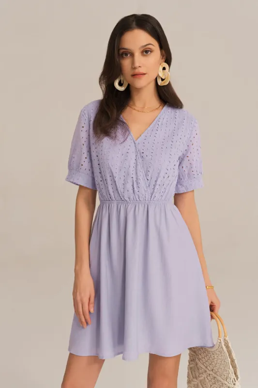 Contrast 1/2 Sleeve V-Neck Elastic Waist A-Line Dress - Purple sold by Grace Karin