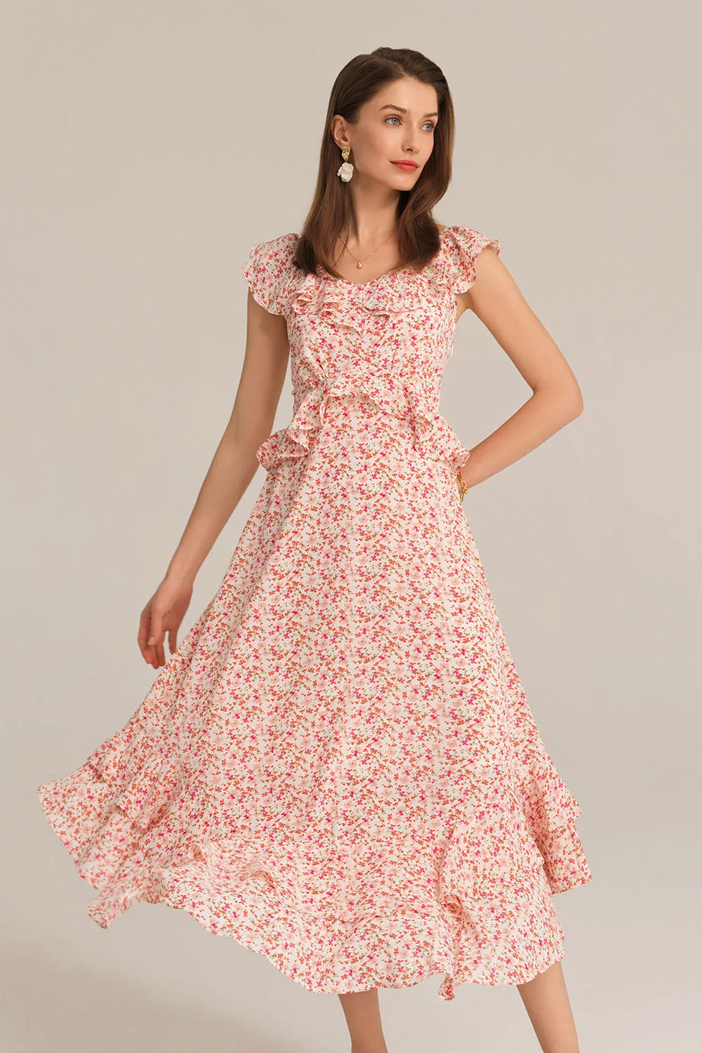 Chiffon V-Neck Sleeveless Ruffle Decorated Floral Maxi Dress - Pink sold by Grace Karin product image thumbnail 3