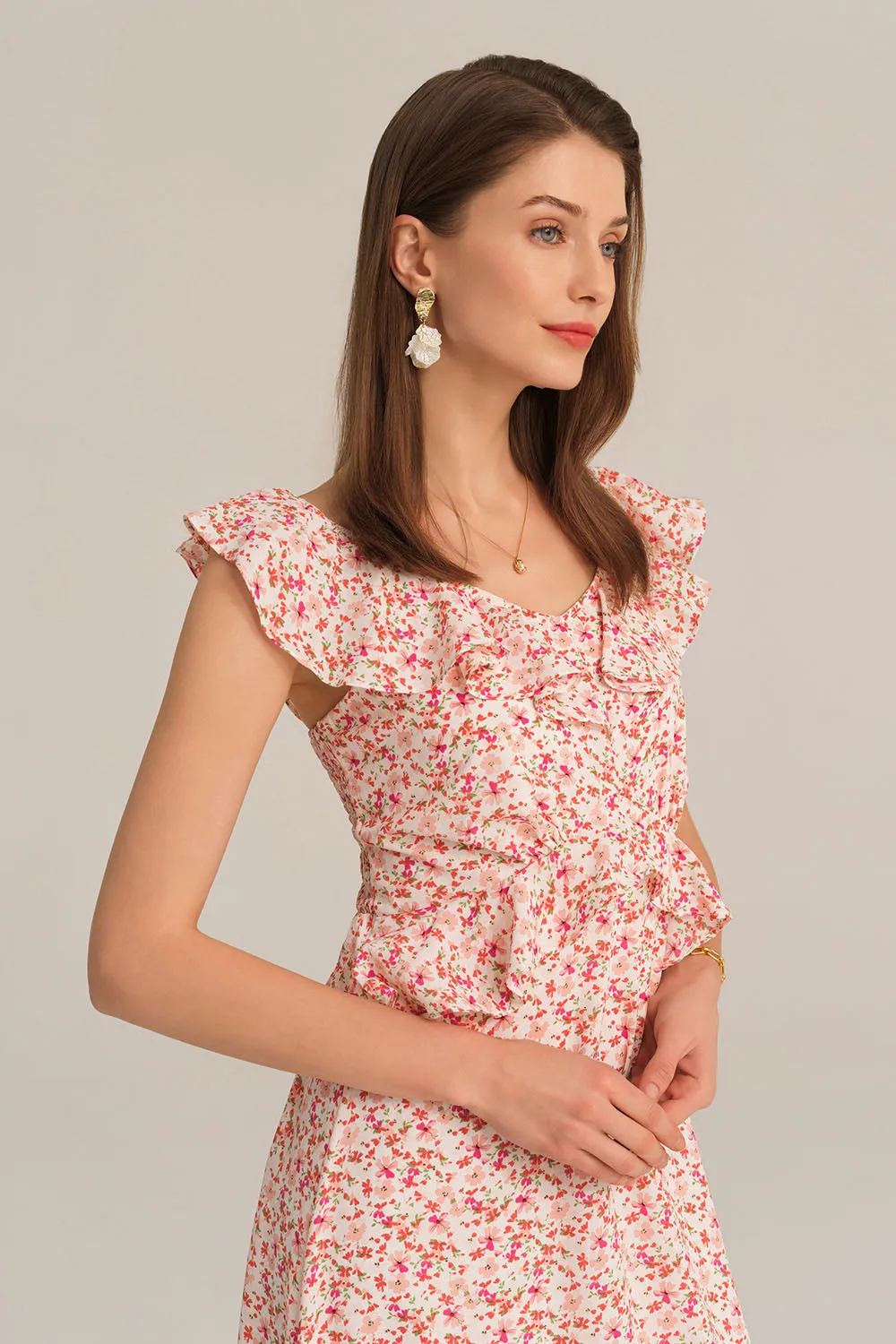 Chiffon V-Neck Sleeveless Ruffle Decorated Floral Maxi Dress - Pink sold by Grace Karin product image thumbnail 4