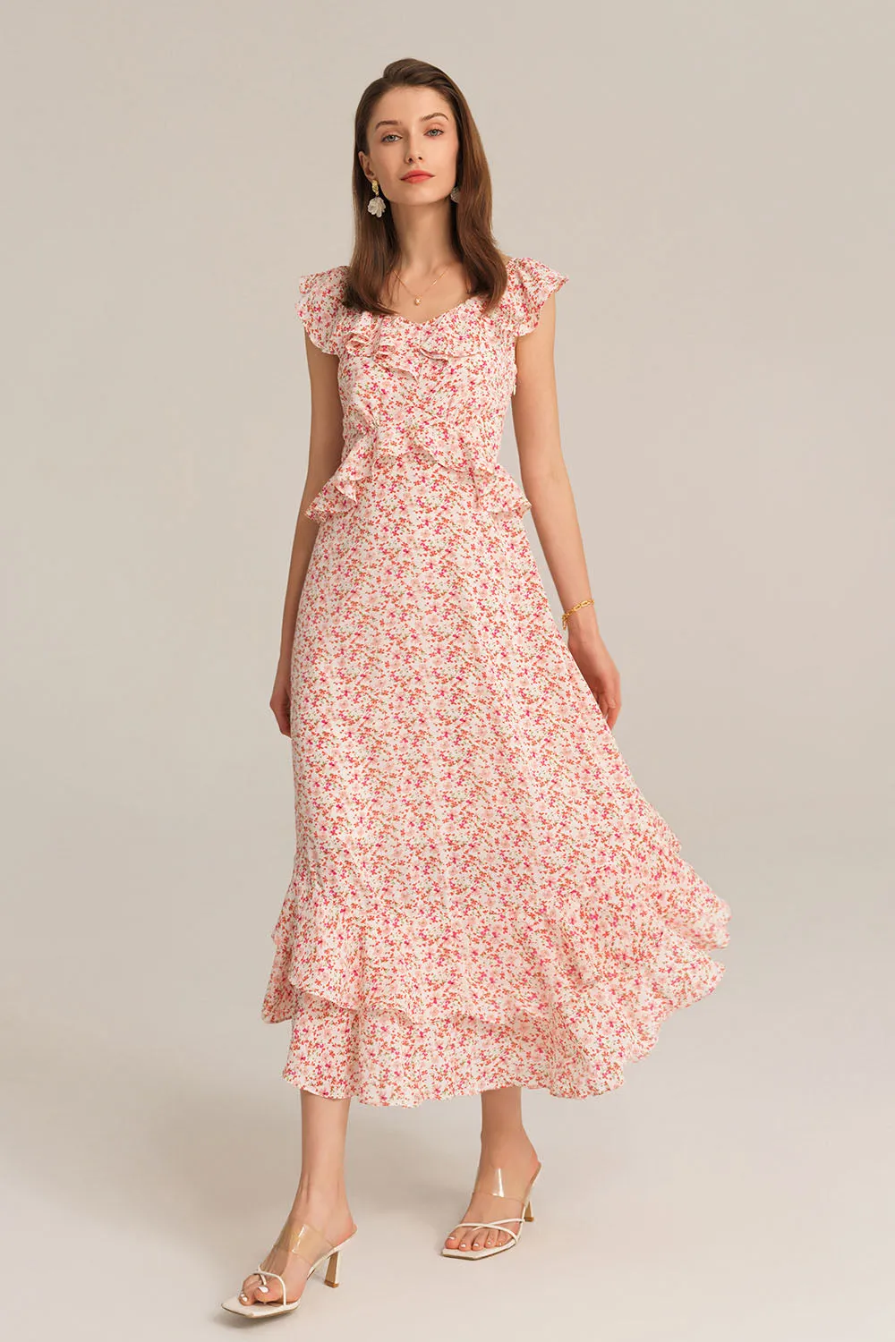 Chiffon V-Neck Sleeveless Ruffle Decorated Floral Maxi Dress - Pink sold by Grace Karin product image thumbnail 2