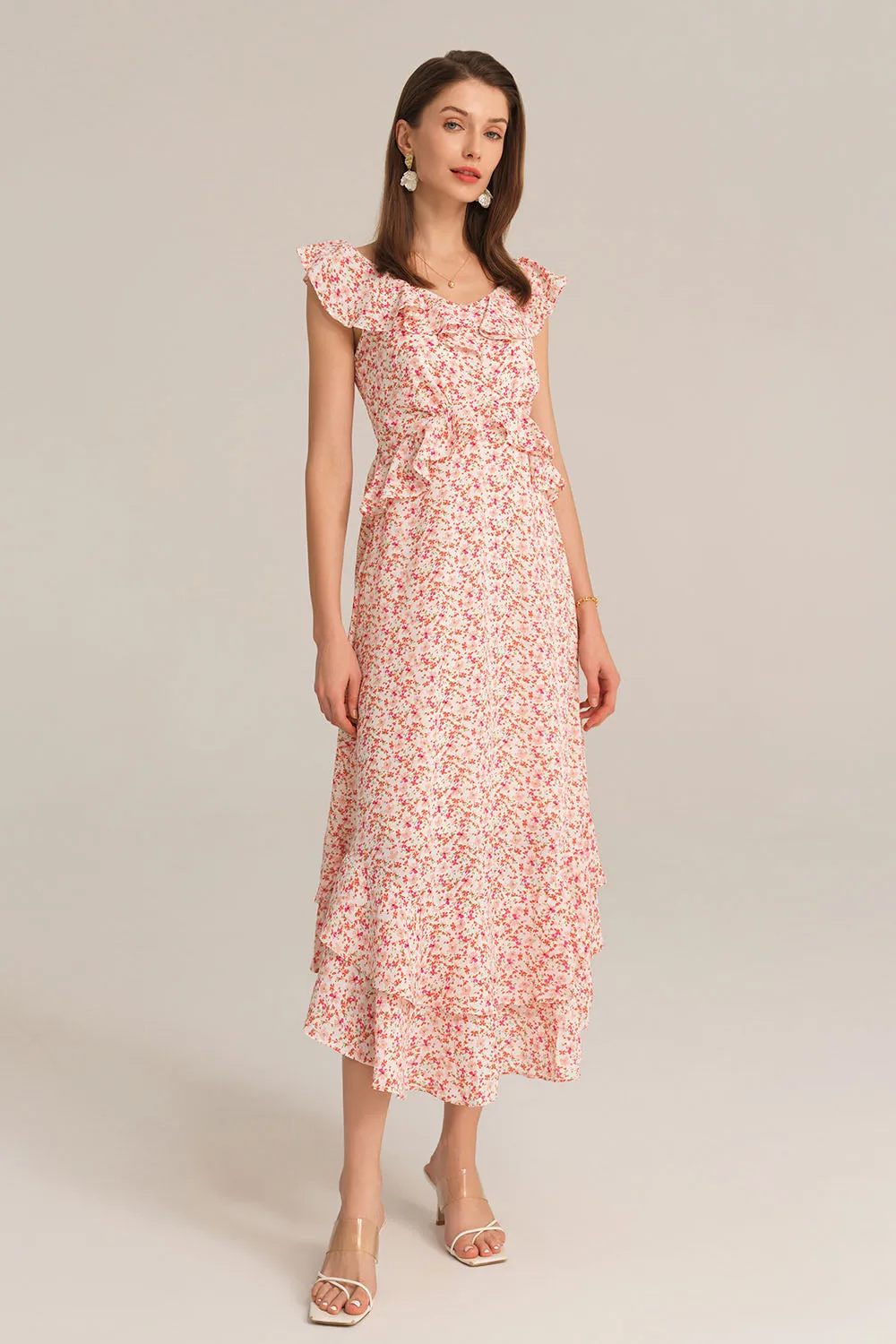 Chiffon V-Neck Sleeveless Ruffle Decorated Floral Maxi Dress - Pink sold by Grace Karin