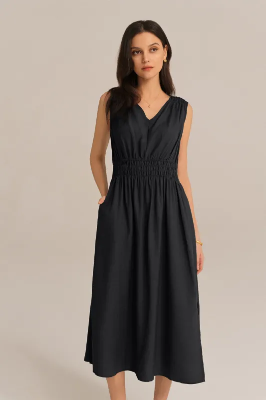 V-Neck Sleeveless Side Slit Elastic Waist A-Line Midi Dress - Black sold by Grace Karin
