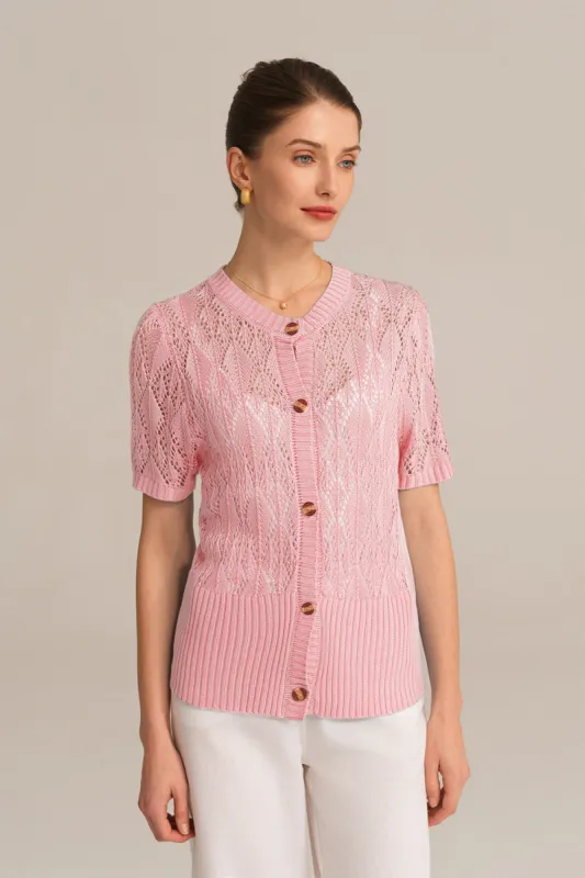 Hollowed-out Short Sleeve Crew Neck Button-up knitted Cardigan - Pink sold by Grace Karin