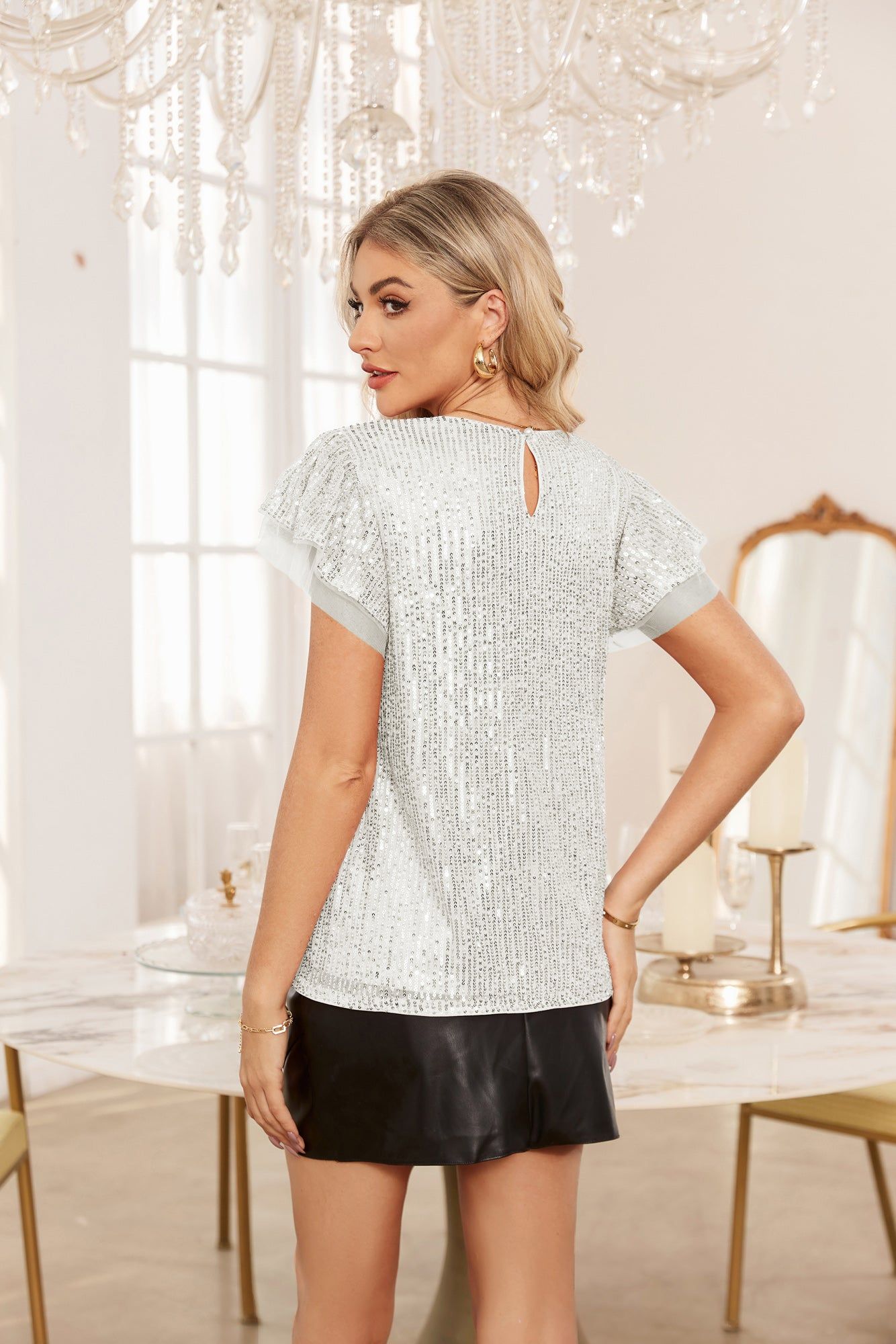 Sequin Short Sleeve Ruffle Loose Tops - White sold by Grace Karin product image thumbnail 2