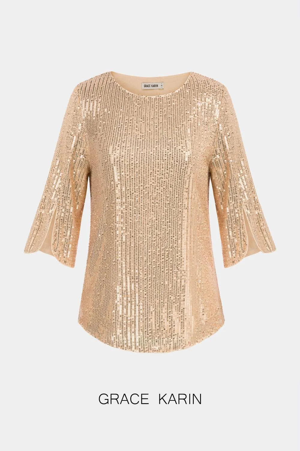 GRACE KARIN 3/4 Slit Sleeve Curved Hem Sequined Party Tops sold by Grace Karin