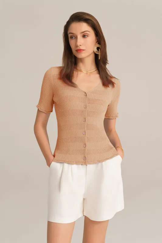 Hollowed-out V-Neck Short Sleeve Button-up Sweater Knitted Cardigan - Orange sold by Grace Karin