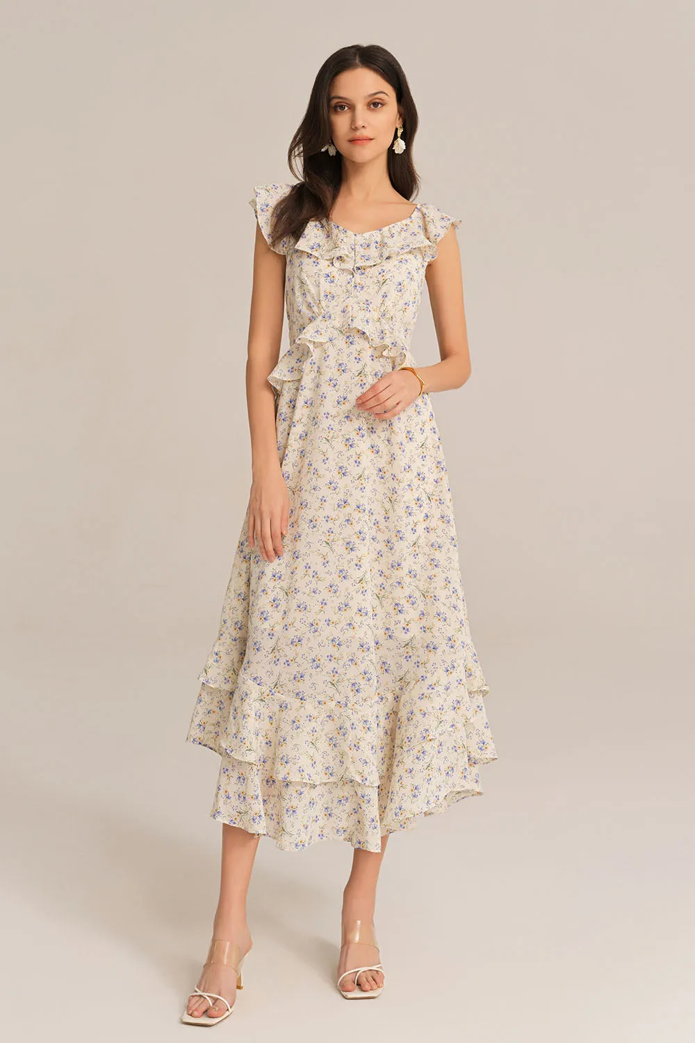 Chiffon V-Neck Sleeveless Ruffle Decorated Floral Maxi Dress - White sold by Grace Karin