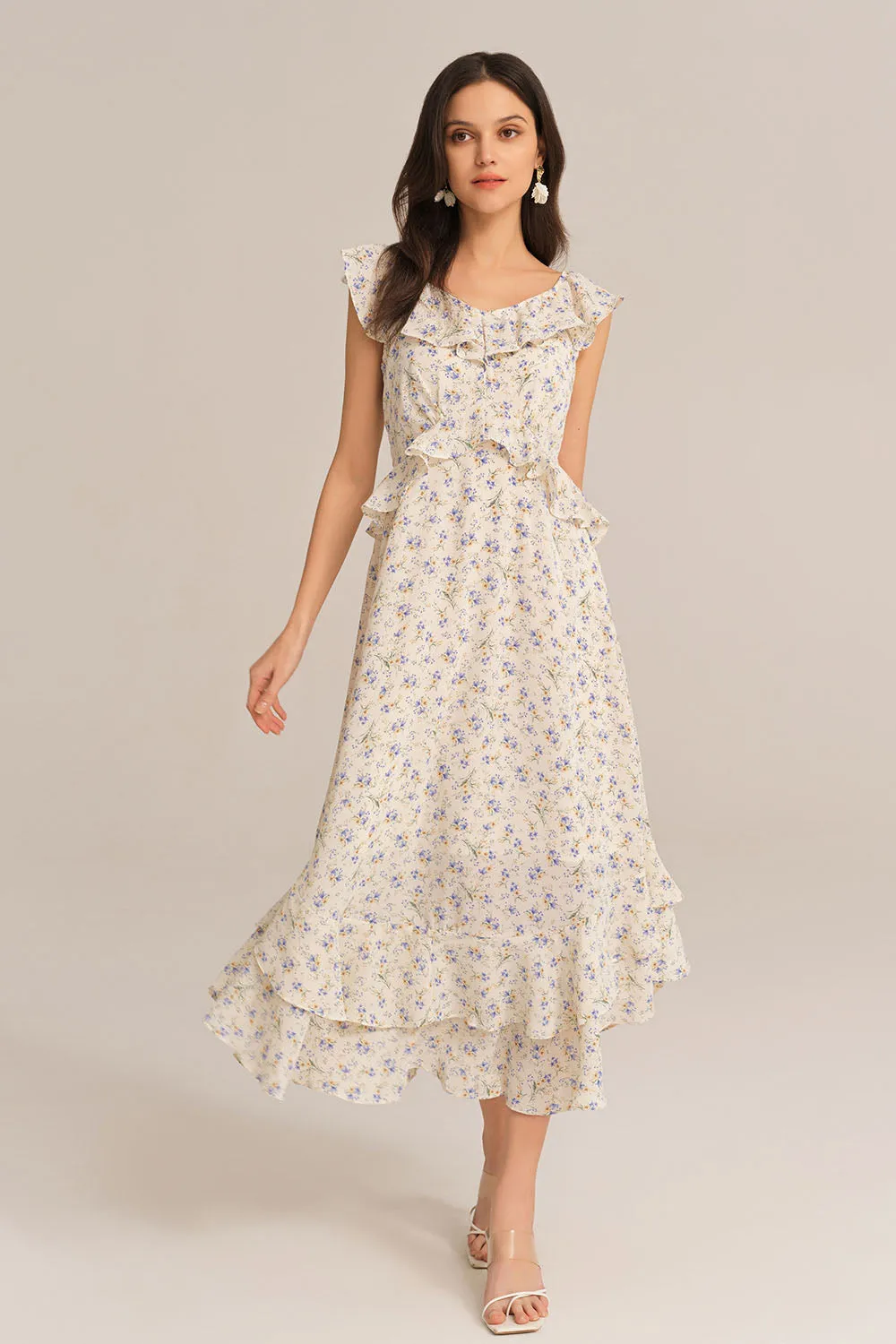Chiffon V-Neck Sleeveless Ruffle Decorated Floral Maxi Dress - White sold by Grace Karin product image thumbnail 2