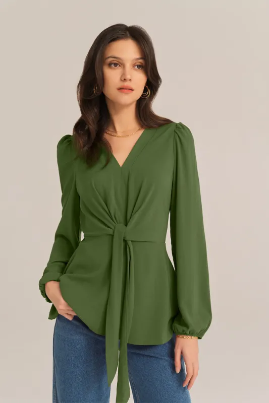 Casual Bow-Knot V-Neck Long Sleeve A-Line Tops - Green sold by Grace Karin