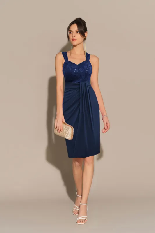 Sequin Lace Stitching Sweetheart Neck Dress - Navy Blue sold by Grace Karin