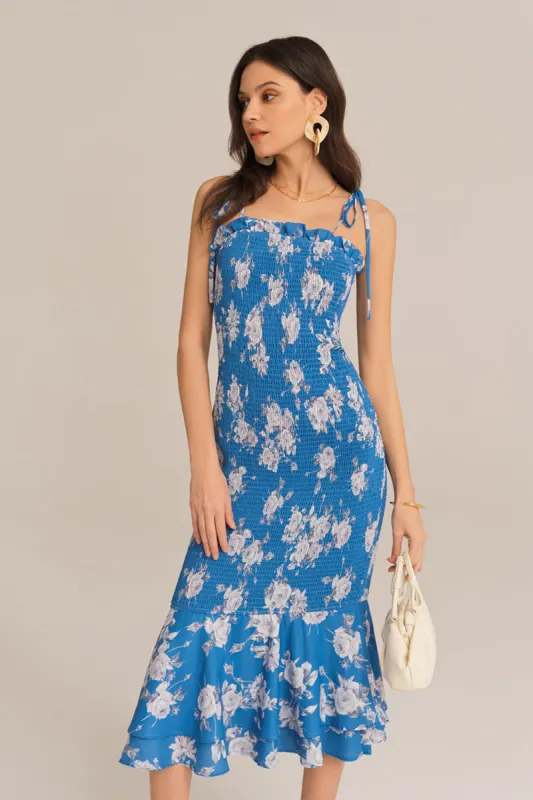 Smocked Mermaid  Hips-Wrapped Midi Dress - Blue sold by Grace Karin